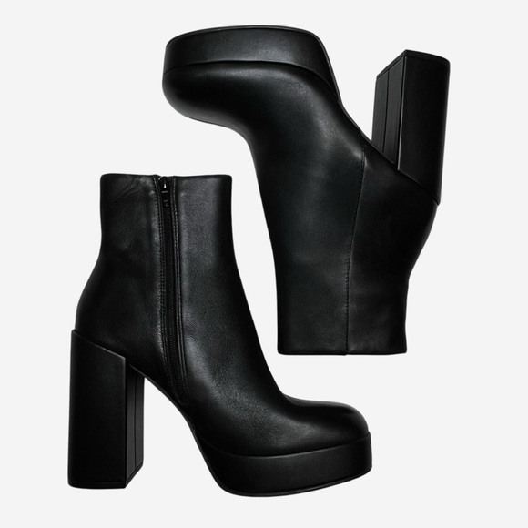 Steve Madden Zenia Black Leather 1” Platform Boots Size 9M Side Zip 5” Heel - Picture 4 of 11